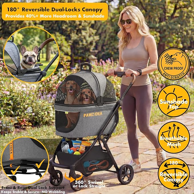PAWZIDEA Pet Stroller 4-in-1, Foldable Dog Stroller with Detachable Carrier for Small Medium Dogs & Cats, Escape-Proof No-Zip Canopy, Lightweight Portable Travel Crate & Car Seat Combo, Storage Basket