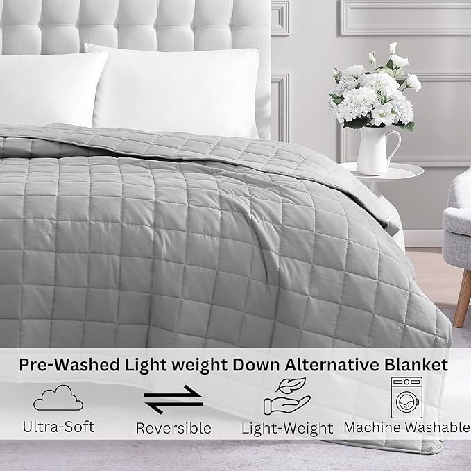 Casa Platino Blanket King Size – Pre Washed Quilted Lightweight Bed Blanket – Soft Microfiber Down Alternative – Silver