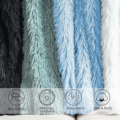 JONIYEAR Extra Large Decorative Fluffy Faux Fur Blanket Queen Size 80" x 90", Soft Luxury Lightweight Furry Blankets, Solid Cozy Shaggy Plush Thick Warm Fuzzy Blankets for Winter Bed Couch, Blue