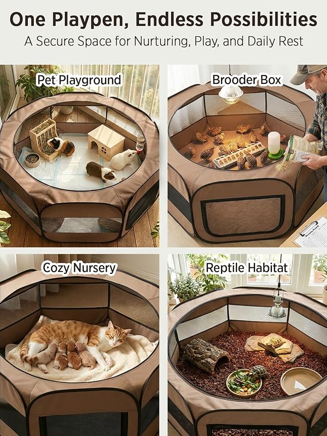 UWE Extra Large Small Animal Playpen, XL Portable Pet Playpen for Rabbit, Kitten, Guinea Pig, Hamster, Puppy – Waterproof Foldable Mesh Tent with Zipper Cover, Indoor Outdoor Use, Brow