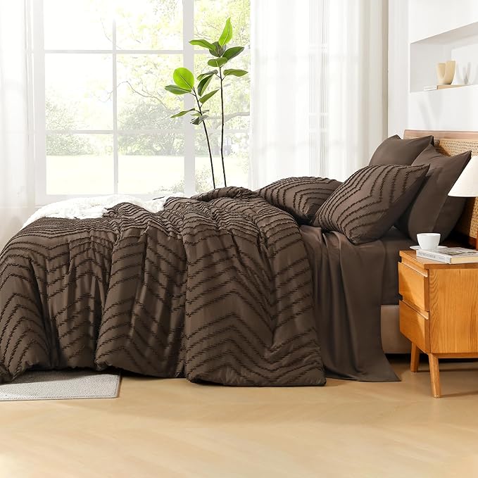 Litanika Super King Plus Size Comforter Set with Sheets Brown - 7 Pieces Bed in a Bag Oversized King Boho Tufted Complete Bedding Sets with Comforter, Sheets, Pillowcases & Shams