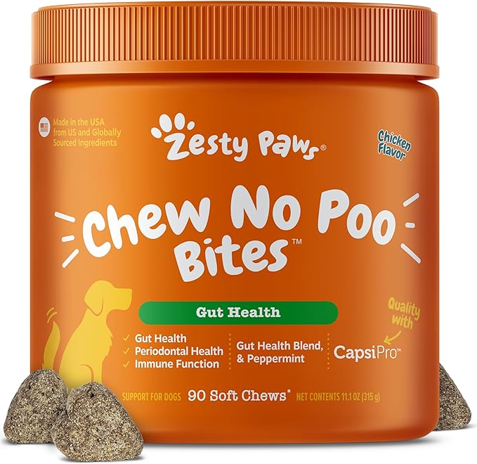 Zesty Paws Chew No Poo Bites for Dogs - Coprophagia Relief - Stool Eating Deterrent Soft Chews for Dogs - Gut, Periodontal & Immune System Support with Probiotics - Chicken - 90 Ct