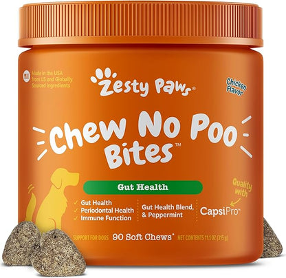 Zesty Paws Chew No Poo Bites for Dogs - Coprophagia Relief - Stool Eating Deterrent Soft Chews for Dogs - Gut, Periodontal & Immune System Support with Probiotics - Chicken - 90 Ct