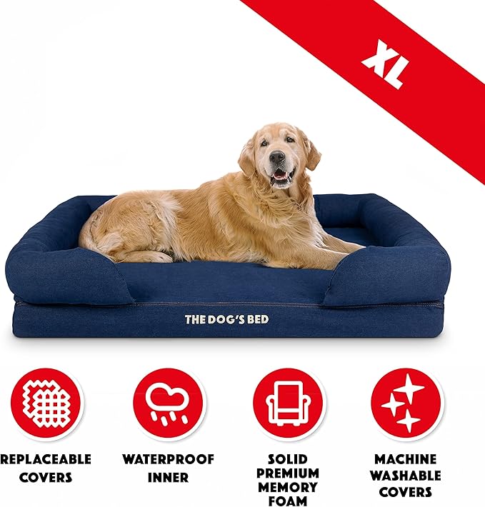 The Dog’s Bed Orthopedic Memory Foam Dog Bed with Bolsters for XL Dogs, Waterproof Washable Cover, Anti-Slip Base, Calming Surface – CertiPUR-Certified Foam, Denim Fabric, Blue Denim, XL