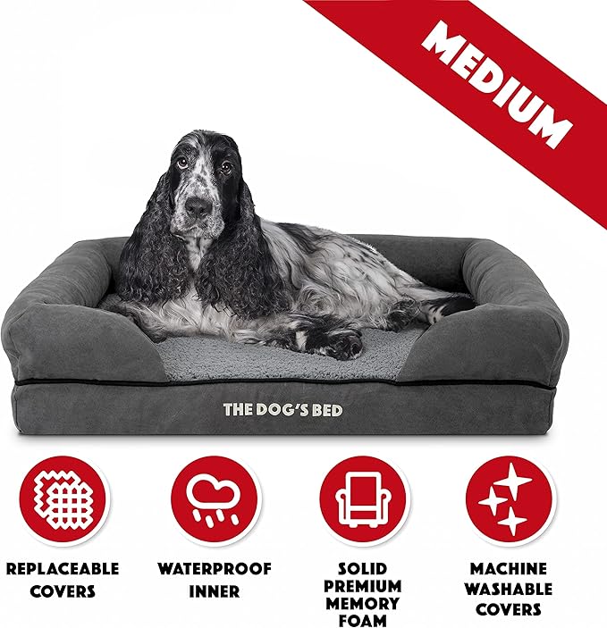 The Dog’s Bed Orthopedic Memory Foam Dog Bed with Bolsters for Medium Dogs, Waterproof Washable Cover, Anti-Slip Base, Calming Surface – CertiPUR-Certified Foam, Plush Fabric, Grey Plush, Medium