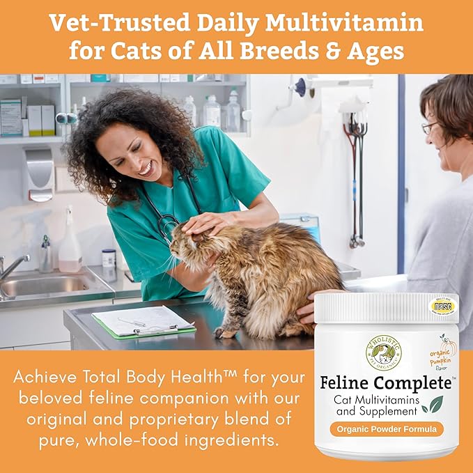 Wholistic Pet Organics Feline Complete Organic Pumpkin - 8 Oz - Multivitamin & Probiotic Powder for Cats - Natural Cat Food & Digestive Support - 75 Scoops