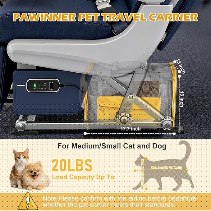 Pawinner Pet Carrier with Wheels, 17.7" x 13" x 13" Airline Approved Cat Carrier for Pets up to 20lbs, Newly Designed Rolling Travel Bag with Telescopic Handle, for Small Dogs and All-Breed Cats