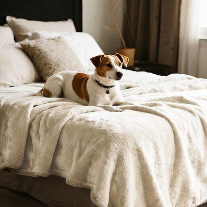 gogobunny Waterproof Bed Blanket, Reversible Sherpa Fleece Throw Blanket for Dog Puppy Cat, Furniture Cover Protects Bed Couch Sofa from Liquid Pee and Pet Fur (Cream, 90x90 inches)