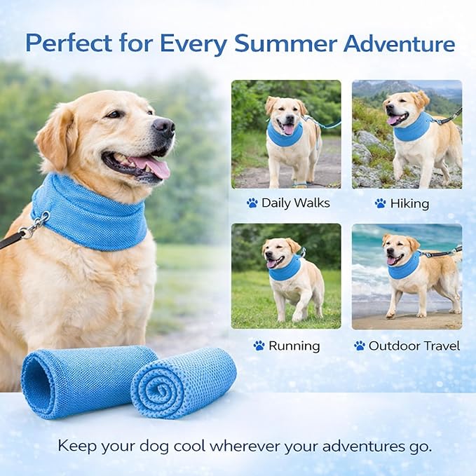 Instant Cooling Dog Bandana for Pet Scarf Soft Cool Mat Pet Collar – Eco-Friendly Breathable Polyester Dog Cooling Bandana for Dogs Puppy Bandana with Leash Hole (Blue, Small)