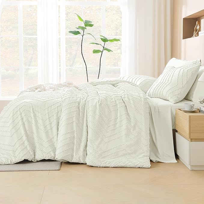 Litanika Ivory Queen Size Comforter Set with Sheets - 7 Pieces Bed in a Bag Queen Boho Tufted Complete Bedding Sets with Comforter, Sheets, Pillowcases & Shams