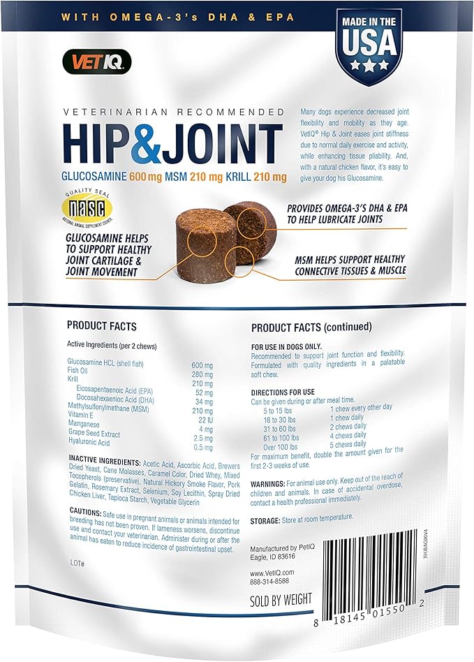 VetIQ Hip & Joint Supplement for Dogs, Anti Inflammatory Joint Support, Glucosamine, MSM, and Krill, Chicken Flavored Soft Chews, 90 Count