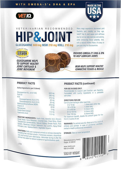 VetIQ Hip & Joint Supplement for Dogs, Anti Inflammatory Joint Support, Glucosamine, MSM, and Krill, Chicken Flavored Soft Chews, 90 Count