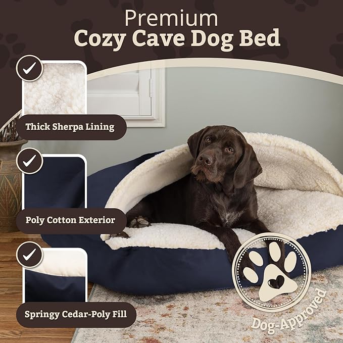 Snoozer Rectangle Cozy Cave Dog Bed - Indoor Dog Bed with Cover Cave, Covered Calming Burrow for Medium & Large Sized Pets with Blanket Attached, Enclosed, Washable Cover - Large, Navy