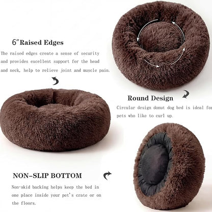 Calming Donut Dogs Beds for Small Dogs Washable,23inch Plush Round Pet Bed for Cozy Sleep,Fluffy Faux Fur Large Cat Bed,Fits up to 25 lbs Pets,Chocolate Brown