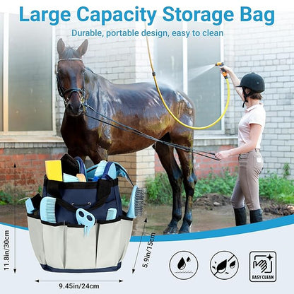 Horse Grooming Kit, 14-in-1 Professional Horse Brush Supplies Set for Grooming & Care, with Horse Brushes, Curry Comb, Hoof Pick & Waterproof Storage Tote Bag for Shining, Detangling, Massaging(Blue)