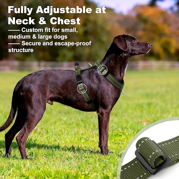 No Pull Dog Harness with Handle, Soft Mesh Padded Adjustable for Small Medium Large Dogs | Reflective Easy Walk Harness with Front Clip for Training, Running & Outdoor (Ranger Green, L)