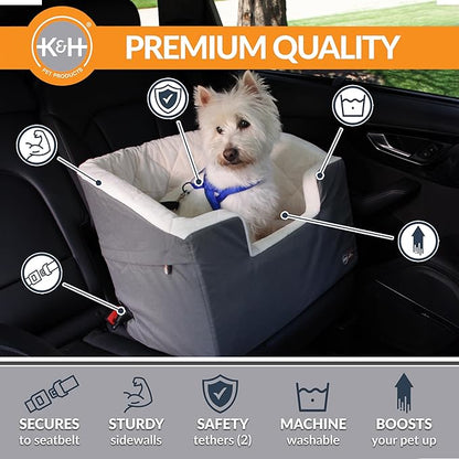 K&H Pet Products Bucket Booster Dog Car Seat, Seat Belt Secured, 2 Safety Leashes, Washable Covers, Sturdy Dog & Cat Booster Seat, Carriers for Small to Medium Pets - Large Gray/Cream