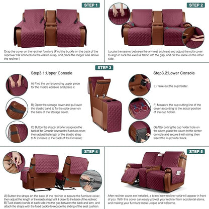 Ruaozz Waterproof Loveseat Recliner Cover with Console Non-Slip Reclining Couch Covers Split Sofa Slipcovers with Elastic Straps Furniture Protector for Kids, Dogs, Pets (Wine, 2 Seater)