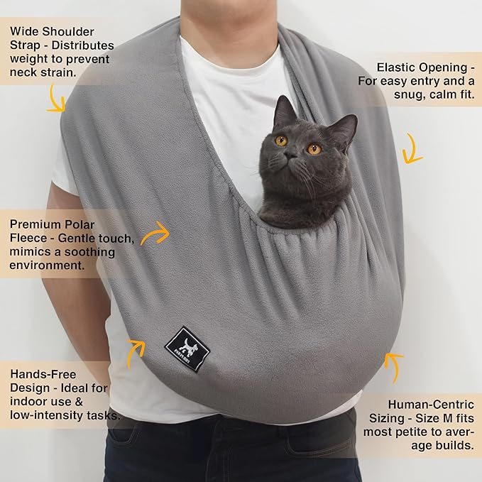 Polar Fleece Cat Sling Carrier – Fixed Elastic Strap for Snuggling, Ultra-Soft Hands-Free Pet Cuddle Bag for Indoor Use, Fits Pets 3-13 lbs (Dark Gray, Medium)