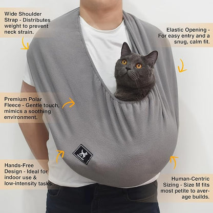Polar Fleece Cat Sling Carrier – Fixed Elastic Strap for Snuggling, Ultra-Soft Hands-Free Pet Cuddle Bag for Indoor Use, Fits Pets 3-13 lbs (Dark Gray, Medium)