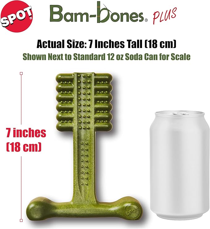 SPOT Bam-Bones Plus Toothbrush Dog Chew Toy for Large Dogs 60-90 lbs, Bamboo & Nylon Dental Chew with Mint & Baking Soda, T-Bone Shape for Moderate to Heavy Chewers, 7 Inch