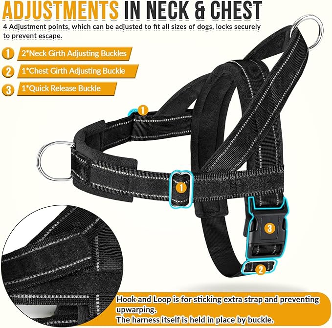 Lukovee No Pull Dog Harness & Leash Set - Heavy Duty Dog Vest Harness with Soft Padded for Medium Large Dogs, Adjustable Reflective Tactical Pet Harness for Easy Walk and Training (S, Black)