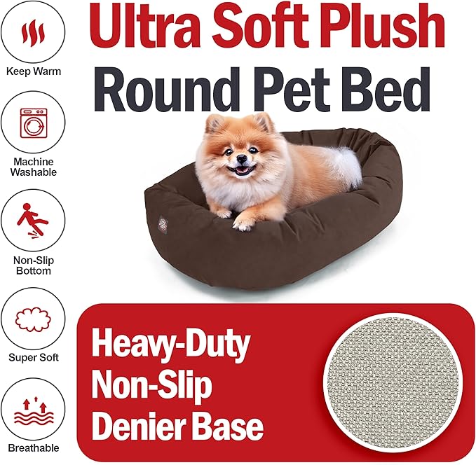 Majestic Pet 24 Inch Suede Calming Dog Bed Washable – Cozy Soft Round Dog Bed w/Spine Support for Dogs to Rest Head - Fluffy Donut Dog Bed 24x19x7 (Inch) - Round Pet Bed Small – Chocolate (2025)