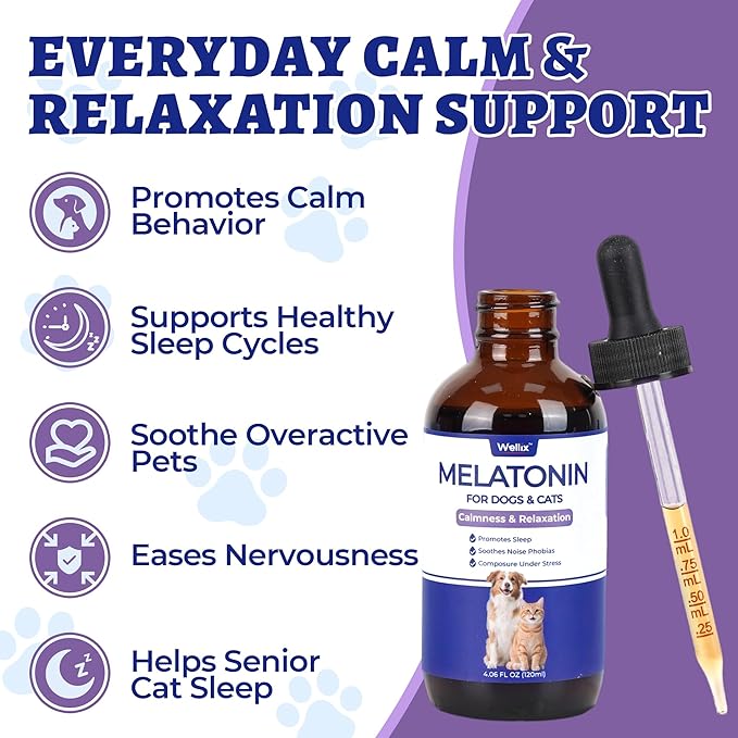 Wellix 4oz Larger Volume Melatonin for Dogs&Cats – Liquid Melatonin Drops, Sleep Aid, Dog Calming for Hyper Dogs, Cat & Dog Sedative for Grooming, Stress Relief, Bacon Flavor