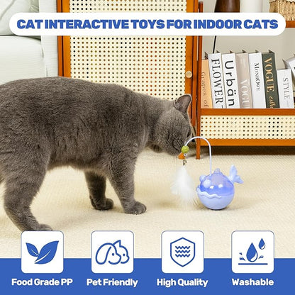 Cat Interactive Toys,Wobble Kitten Treat Dispensing Ball with Catnip and Feathers, Indoor Puzzle Slow Feeding, Cats Treat Dispenser Kicker Toy for Large, Medium and Small Cats (Blue, Fish