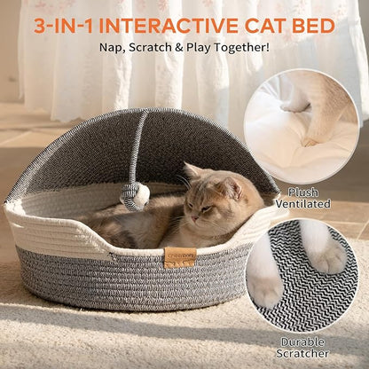 CHEERPALS Cat Basket Bed for Indoor Cats, Covered Pet Bed with Washable Cushion and Ball Rope Cotton Bed for Medium and Large Cat, All Season Universal(Blue)