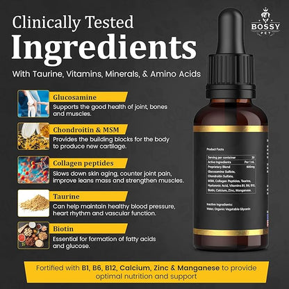 Liquid Glucosamine for Dogs & Cats - Advance Joint Support Supplement - Supplement with Chondroitin, MSM, Hyaluronic Acid, Biotin, Collagen Peptides & Taurine - Max Potency