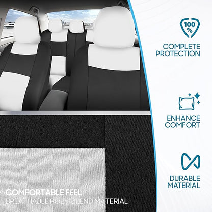 BDK PolyPro Car Seat Covers Full Set in White on Black, Front and Rear Split Bench Seat Covers for Cars, Easy to Install Car Seats Cover Set and Accessories for Auto Trucks Van SUV - White