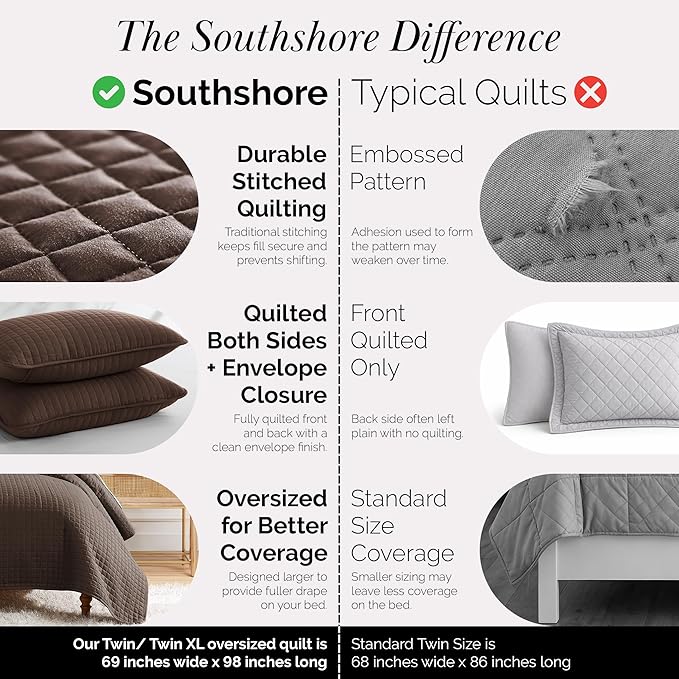 Southshore Fine Living, Inc. Twin XL Bedspread Quilt Set, Dorm Room Bedding Essentials, Stain Resistant, Machine Washable Bed Spread, XL/Twin Brown Comforter Set w/Pillow Sham, Chocolate Brown