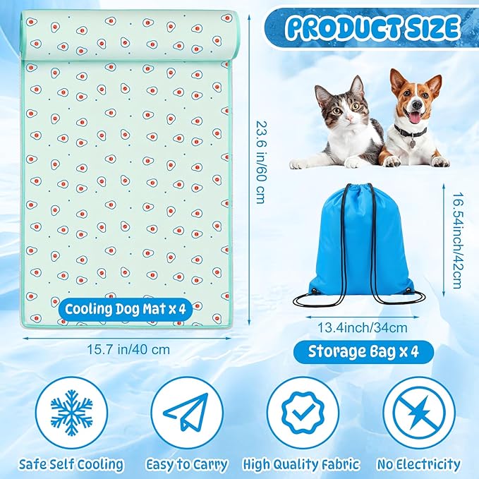 DoubleFill 4 Pack Cooling Dog Mats with Supportive Pillow 15.7" x 23.6" Self Cooling Dog Pads Ice Silk Washable Pet Cool Mat Summer Cat Sleeping Pad with Storage Bag for Crate Bed Floor (Small, Green)