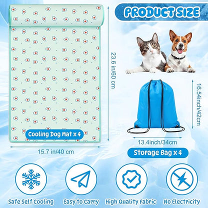 DoubleFill 4 Pack Cooling Dog Mats with Supportive Pillow 15.7" x 23.6" Self Cooling Dog Pads Ice Silk Washable Pet Cool Mat Summer Cat Sleeping Pad with Storage Bag for Crate Bed Floor (Small, Green)