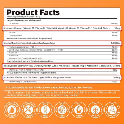 Dog Vitamins and Supplements for Daily Energy, Immune, Antioxidants, Gut, Skin & Coat, Dog Multivitamin Powder for Homemade Food with L-Carnitine, Taurine, Probiotics - Beef Flavor, 75 Scoops