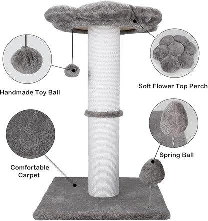 Heavy Duty Cat Scratching Post 30 Inch Cotton Rope Cats Scratcher with Flower Cat Perch & Hanging Ball for Indoor Cats Tall Cat Post(Grey)