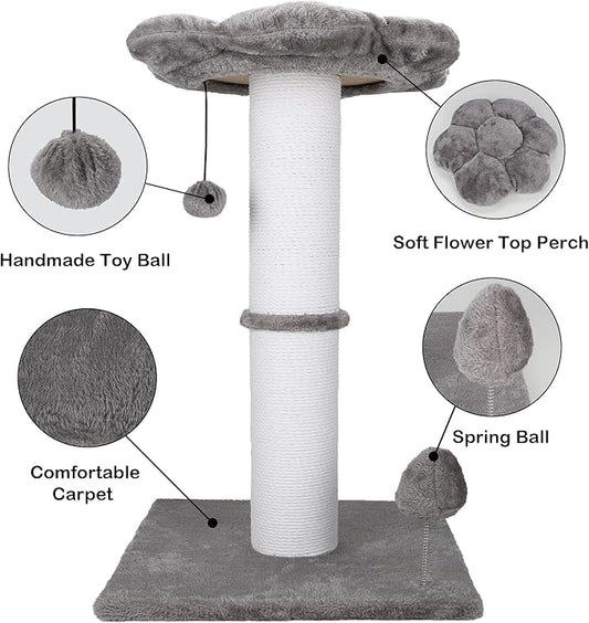 Heavy Duty Cat Scratching Post 30 Inch Cotton Rope Cats Scratcher with Flower Cat Perch & Hanging Ball for Indoor Cats Tall Cat Post(Grey)