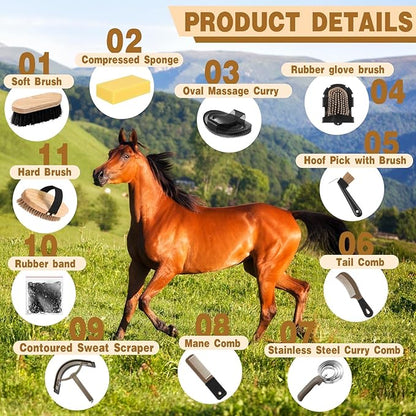 Abbylike 12 Pieces Horse Grooming Kit with Organizer Tote Bag Tack Room Supplies Horse Brush Sets Equine Care Cleaning Kit Shedding Grooming Massaging Tools(Khaki)