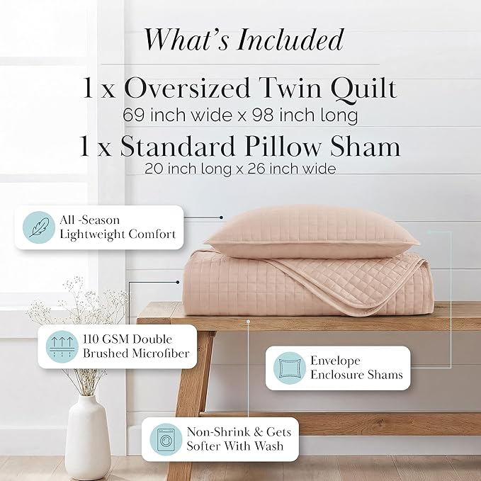 Southshore Fine Living, Inc. Twin Quilt Bedding Set, Stitched Soft Brushed Microfiber Blush Pink Quilt, Twin Coverlet Bedspread, Wrinkle & Pet Hair Resistant Bedding, Easy Care, 1 Pillow Sham, Blush