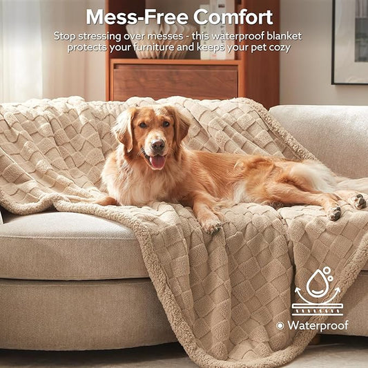 GASUR Waterproof Dog Blankets for Large Dogs, Dog Blanket for Couch Bed, Fleece Pet Blanket for Furniture Sofa Protector, Soft Pet Throw Blankets for Crate Car Outdoor, Washable, 50"x60",Beige