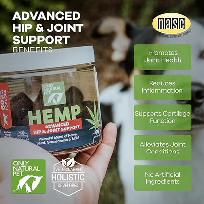 Only Natural Pet Hemp Advanced Mobility Support for Dogs Holistic Wellness Hip Bone Joint Health - Inflammatory Function Relieves Pain Stiffness Green Lipped Mussels Turmeric (HA) 60 Count