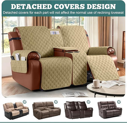Ruaozz Waterproof Loveseat Recliner Cover with Console Non-Slip Reclining Couch Covers Split Sofa Slipcovers with Elastic Straps Furniture Protector for Kids, Dogs, Pets (Sand, 2 Seater)
