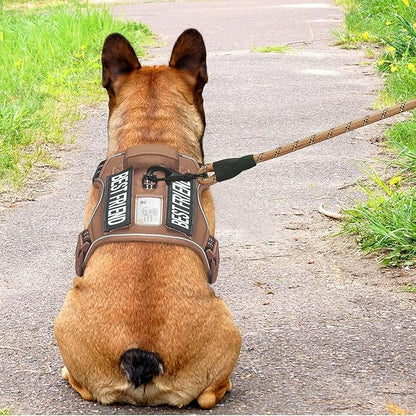 Beebiepet Heavy Duty Tactical Dog Harness for Medium Dogs, Brown, Molle System, Four-Point Adjustment, Anti-Lost ID Tag, Includes 5ft Leash