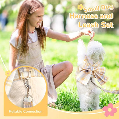 Cute Dog Harness and Leash Set with Bow Tie Soft Mesh Plaid Girl Puppy Harness No Pull Pet Cat Dog Vest Harness for Small Dogs Chihuahua Rabbit Outfit (Yellow,S)