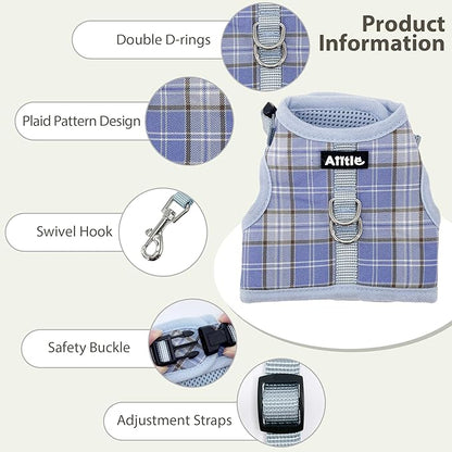 AIITLE Bunny Harness and Leash Set Escape Proof - Magic Tape Design, Lightweight Plaid Pattern Mesh Padding, No Choke No Pull for Puppy Cat Rat Squirrel Ferret, Outdoor Walking Running, Blue S
