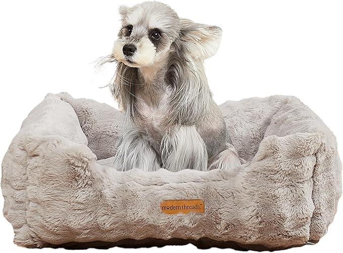 Modern Threads Brushed Long Pile Rabbit Fur Cuddler Dog Bed, Bolstered Supportive Sides, Calming Nest Design, Removable Washable Cover, Bed for Small to Medium Dogs, Stone, (24" L x 20" W x 8" Th)