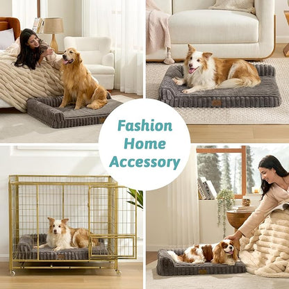 COZY KISS Extra Large Dog Bed, Faux Rabbit Fur Orthopedic Foam Dog Bed with Sides, Removable Washable Cover & Waterproof Lining, Comfortable Pet Couch for Dogs, Grey (48" L x 35" W x 7.5" Th)