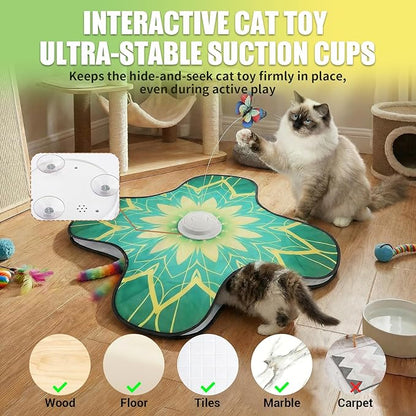 Interactive Cat Toy for Indoor Cats, Touch Activated Automatic Electronic Cat Toy with Sound On/Off, Dual Wands, Non-Slip Suction Cups, Rechargeable Hide and Seek Cat Play Mat for Bored Adult Kittens