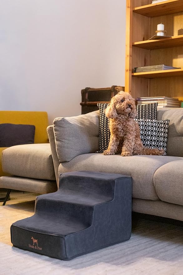 Noah & Paw Dog Stairs, Dog Ramp for Bed (16" Extra Wide) Pet Stairs for High Bed, Design to Fit Small and Large Breeds, Durable 3 Pet Steps for Couch (35 Foam Density) Leather Collection